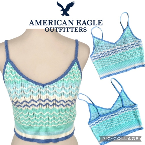 American Eagle Outfitters Blue & Mint Chevron Knit Crop Tank Top Size M - Picture 1 of 9